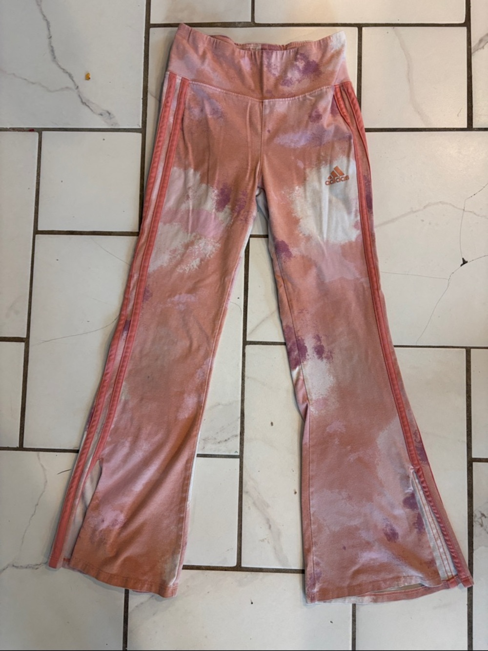 adidas Girls Pink & Purple Tie-Dye Flare Leggings - Great Condition, Sz S (7/8)